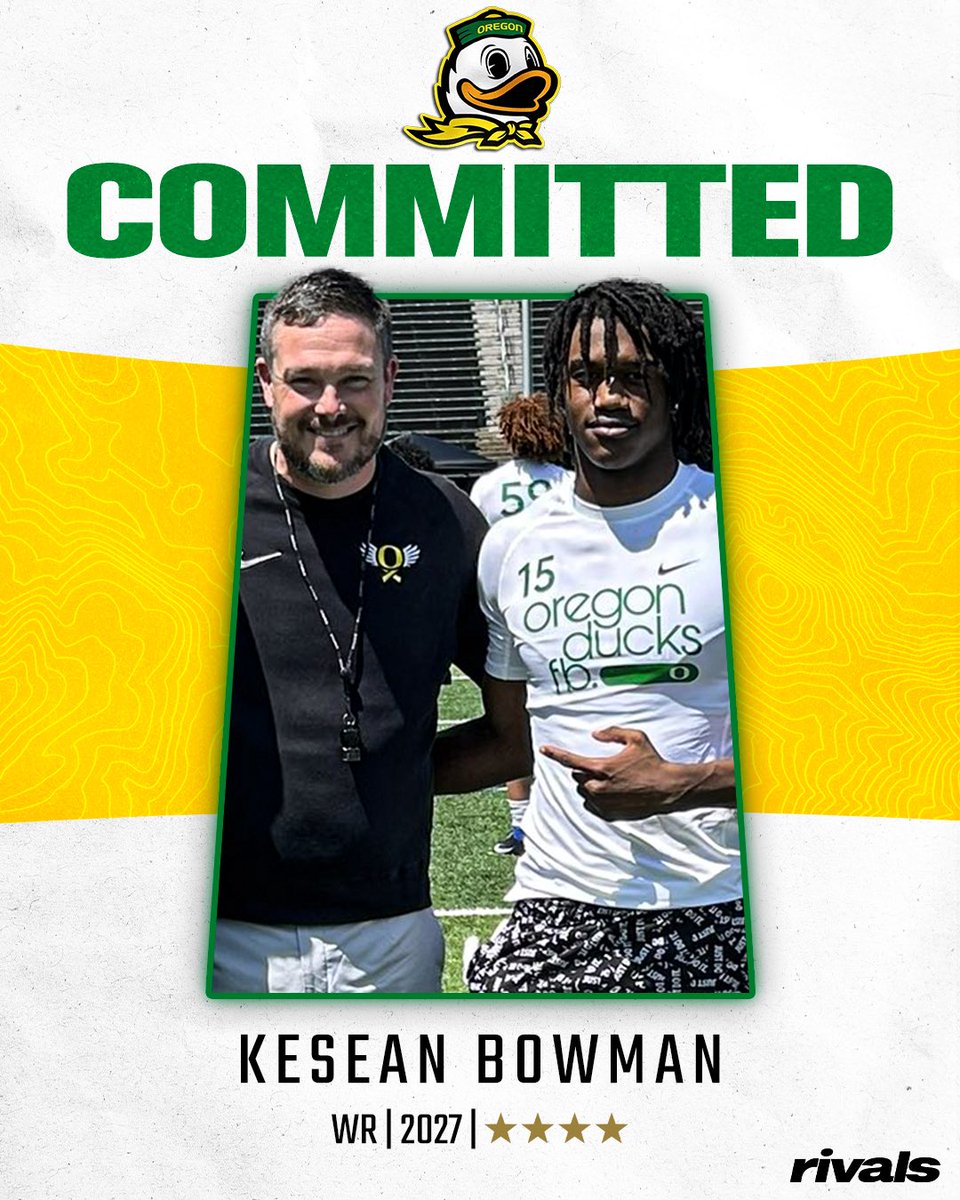 On3 Recruits (@on3recruits) on Twitter photo 🚨BREAKING🚨 2027 4-star WR Kesean Bowman has committed to Oregon, <a href="/Hayesfawcett3/">Hayes Fawcett</a> reports🦆
Bowman ranks No. 49 NATL. (No. 10 WR) in the Rivals300.
Read: on3.com/rivals/news/or… 🚨BREAKING🚨 2027 4-star WR Kesean Bowman has committed to Oregon, <a href="/Hayesfawcett3/">Hayes Fawcett</a> reports🦆
Bowman ranks No. 49 NATL. (No. 10 WR) in the Rivals300.
Read: on3.com/rivals/news/or…