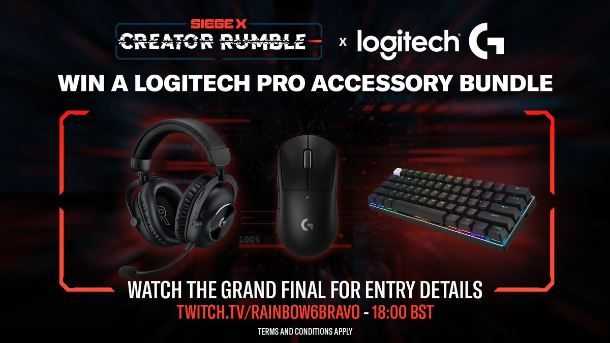 Rainbow6_UK's tweet image. The Siege X Creator Rumble Grand Final kicks off TONIGHT 🔥
During the stream, one lucky viewer will bag a Pro Gaming Accessory Bundle, thanks to our friends at @LogitechGUK 🎧🖱️⌨️
💥 Tune in at 6PM BST to catch the final and find out how to enter 🔴 twitch.tv/Rainbow6Bravo