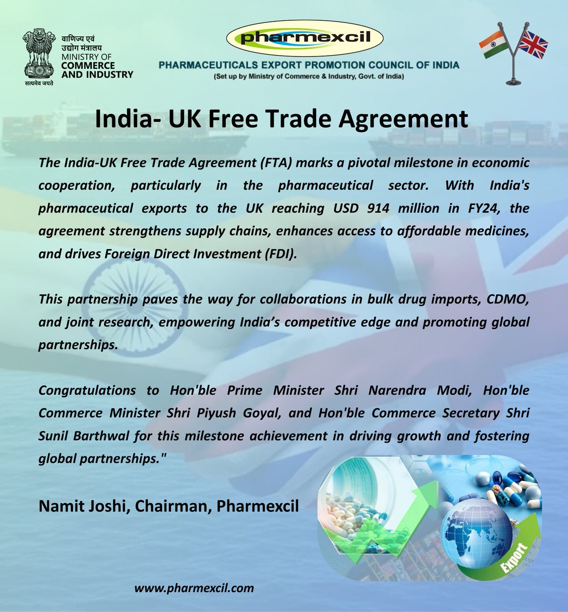 Pharmexcil (@pharmexcil) on Twitter photo India-UK FTA marks a pivotal milestone paving the way for greater collaborations in Pharma Sector <a href="/DoC_GoI/">Dept of Commerce, GoI</a> India-UK FTA marks a pivotal milestone paving the way for greater collaborations in Pharma Sector <a href="/DoC_GoI/">Dept of Commerce, GoI</a>