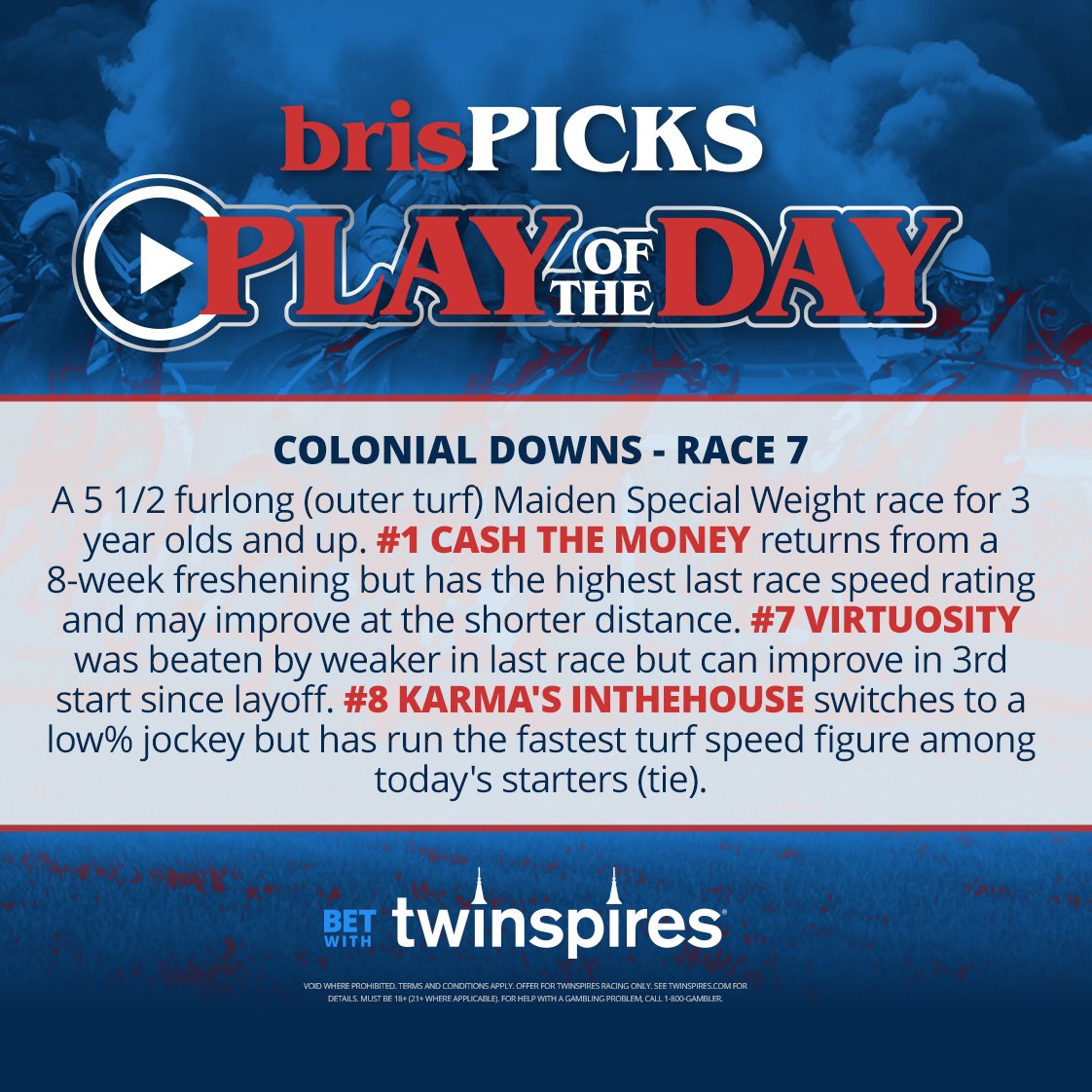 Brisnet's tweet image. Today's brisPICKS play of the day comes in race 7 at @ColonialDowns! 💰
📱 Bet with @TwinSpires: spr.ly/6015fK3u7