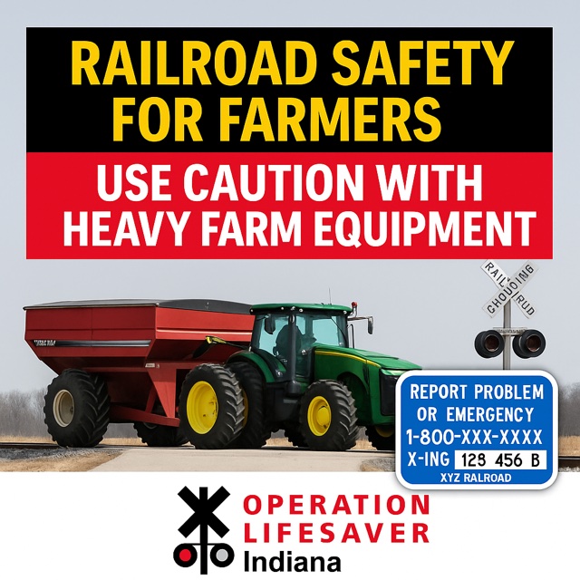 IndianaOpLife's tweet image. 🌾🚜 It’s Farm Safety Week! (July 20–26)
If you're crossing railroad tracks with heavy farm equipment, slow down, look both ways, and know your clearance.
📞 In an emergency, use the blue ENS sign posted near the tracks to report the crossing location fast.
#RailSafety