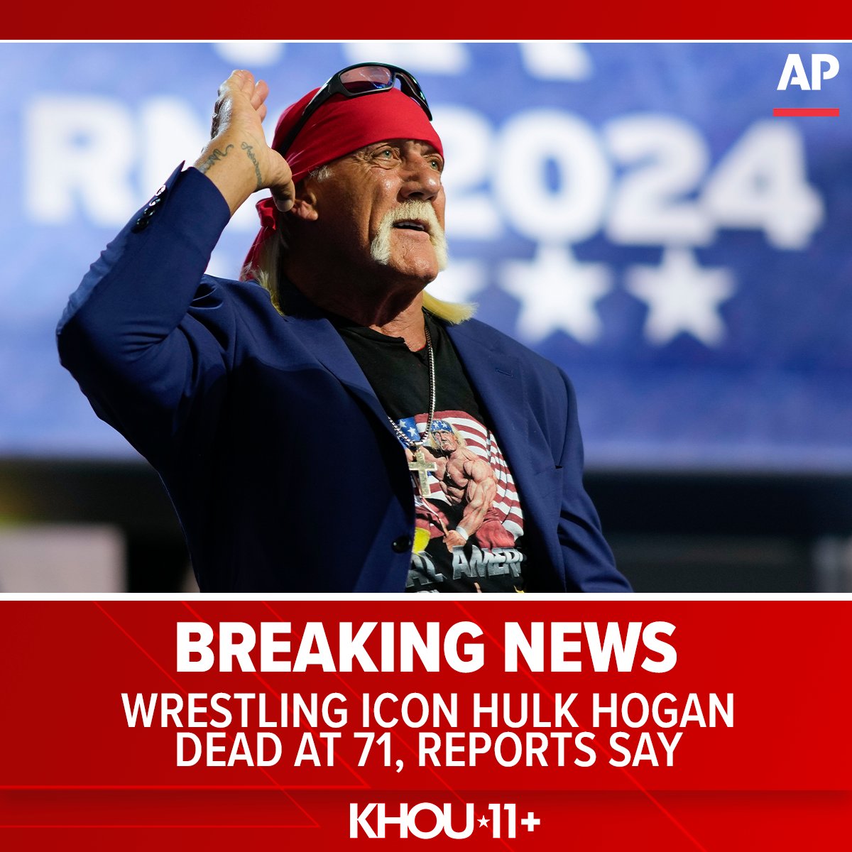 KHOU's tweet photo. Wrestling legend Hulk Hogan has died, according to multiple media reports. Hogan was 71. More: https://t.co/6S7Q6XDEOK https://t.co/lhGhfdQCqu