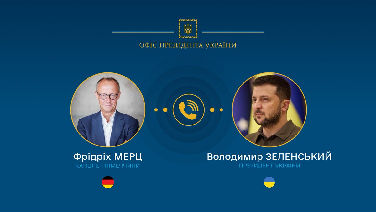 APUkraine's tweet image. Президент України Володимир Зеленський провів телефонну розмову з Федеральним канцлером Німеччини Фрідріхом Мерцом.
Подробиці: bit.ly/4m4VX2Q