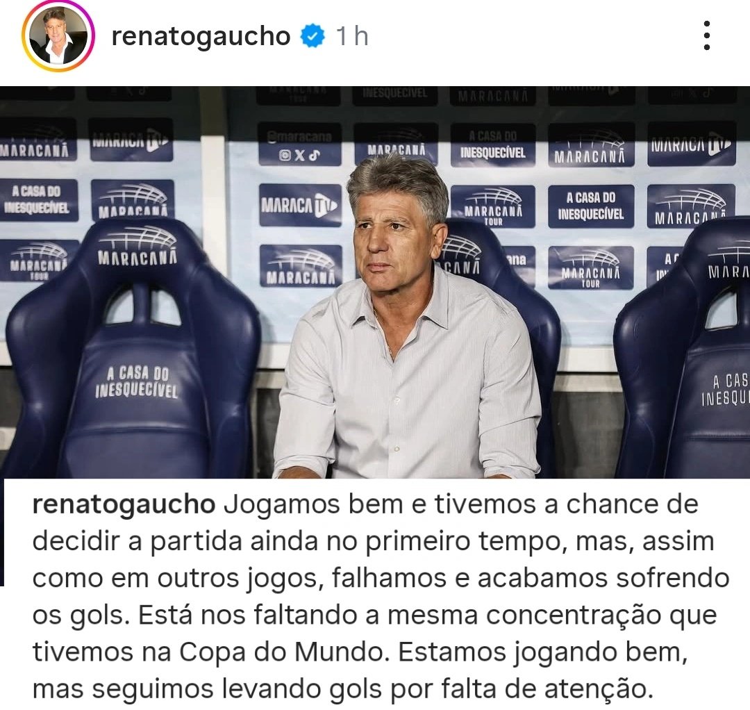PerfilDaCentral's tweet image. 📲| Renato Gaúcho via Instagram:
"Estamos jogando bem, mas seguimos levando gols por falta de atenção."