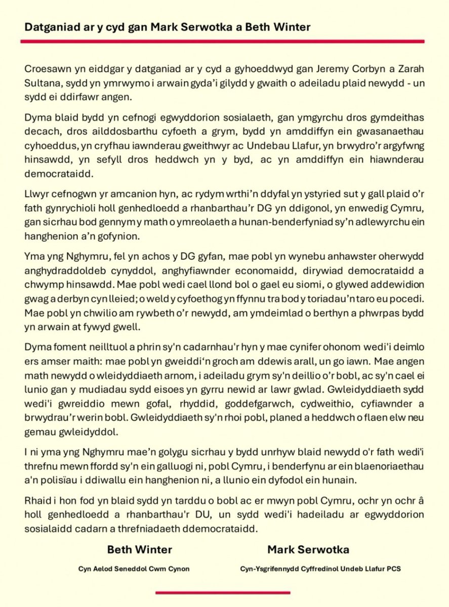 BethWinterCynon's tweet image. Gweler isod y datganiad gennyf i a Mark Serwotka mewn ymateb i'r datganiad ar y cyd gan @jeremycorbyn a @zarahsultana am fath newydd o blaid wleidyddol a beth mae hyn yn ei olygu i Gymru 👇.
