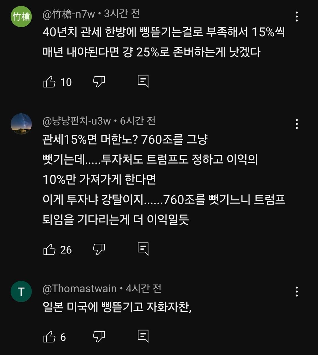 Detaro7's tweet image. 어휴 댓글 수준.. 그냥 관세 50%쯤 쳐맞고 회사에서 짤려라 등신들
