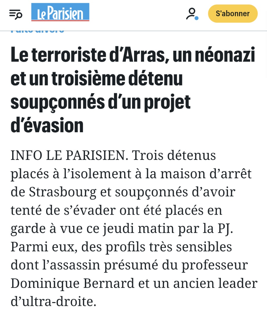 CemYoldass's tweet image. L'ancien président de la milice d'extrême droite Bastion Social, Valentin Linder a essayé de s'évader de sa prison avec le terroriste islamiste ayant assassiné le professeur Dominique Bernard.
La proximité entre terroristes islamistes et extrême droite se confirme une nouvelle…