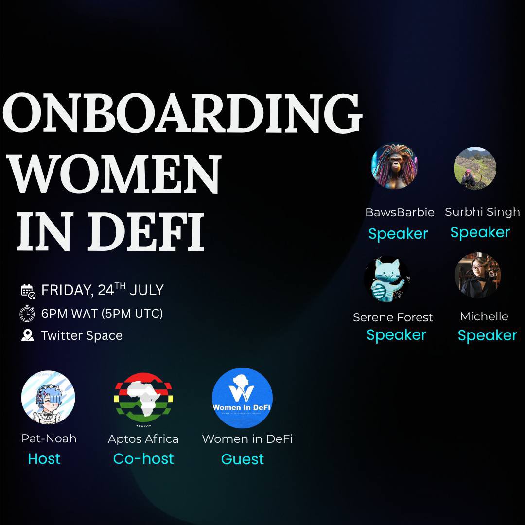 Patnoah.apt🌐💰™ (@noah_patie12) on Twitter photo Tomorrow’s Space is Going to Be Different, Exciting, and Fun.
I’ll be hosting a special onboarding session with the amazing community <a href="/womenindefi_org/">WomenInDeFi.eth</a> as our guests
Also having <a href="/Aptos_Africa/">Aptos Africa</a> as the Co-host
We’re bringing them into the <a href="/Aptos/">Aptos</a> ecosystem and what better way Tomorrow’s Space is Going to Be Different, Exciting, and Fun.
I’ll be hosting a special onboarding session with the amazing community <a href="/womenindefi_org/">WomenInDeFi.eth</a> as our guests
Also having <a href="/Aptos_Africa/">Aptos Africa</a> as the Co-host
We’re bringing them into the <a href="/Aptos/">Aptos</a> ecosystem and what better way