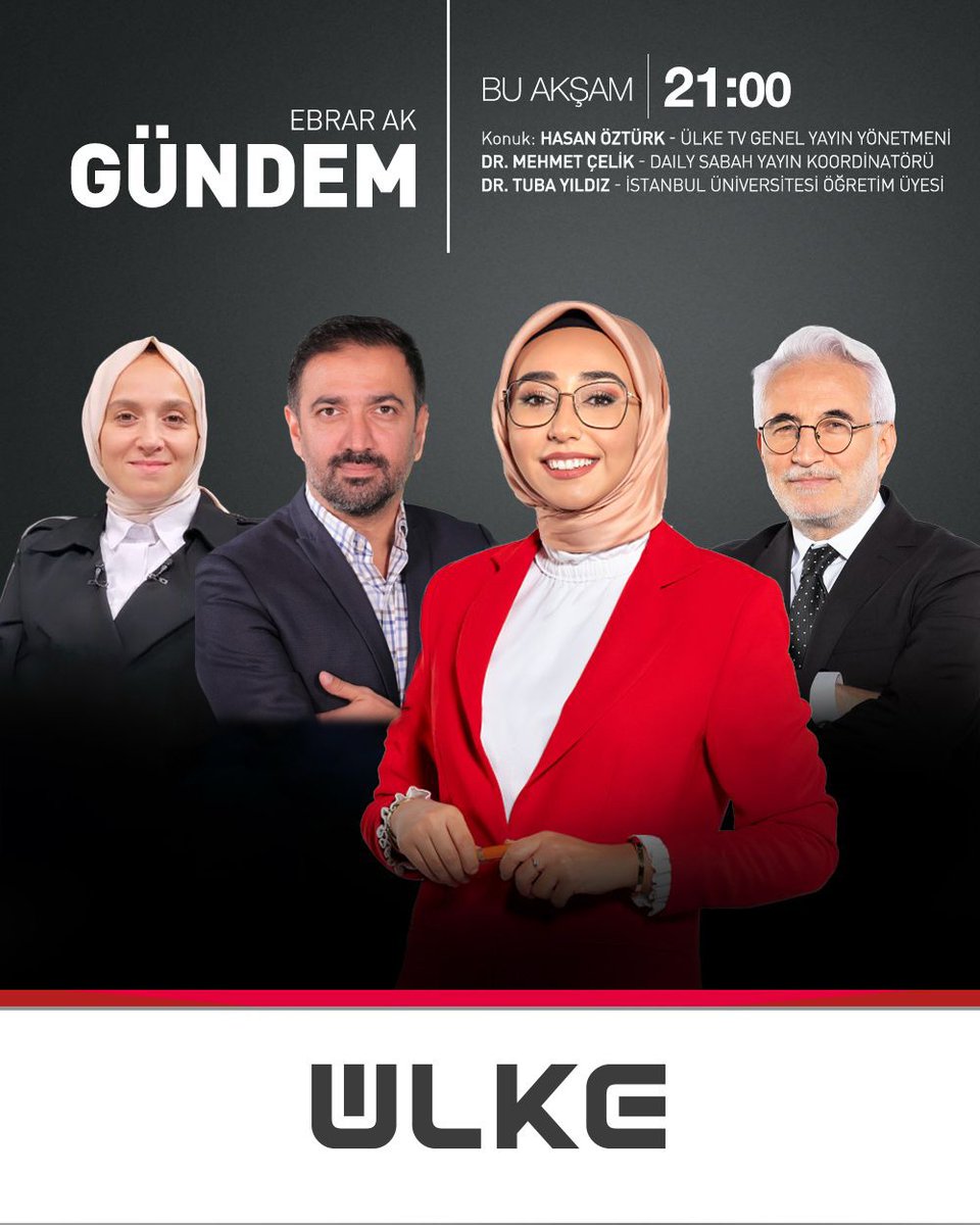 Ebrar Ak'ın sunduğu 'Gündem' programına Ülke TV Genel Yayın Yönetmeni <a href="/hasanozturke/">hasan öztürk</a> Daily Sabah Yayın Koordinatörü <a href="/celik/">Dr. Mehmet Çelik</a> ve Akademisyen <a href="/tuubay_/">Tuba Yıldız</a> konuk oluyor. 'Gündem' bu akşam 21:00'de Ülke TV'de