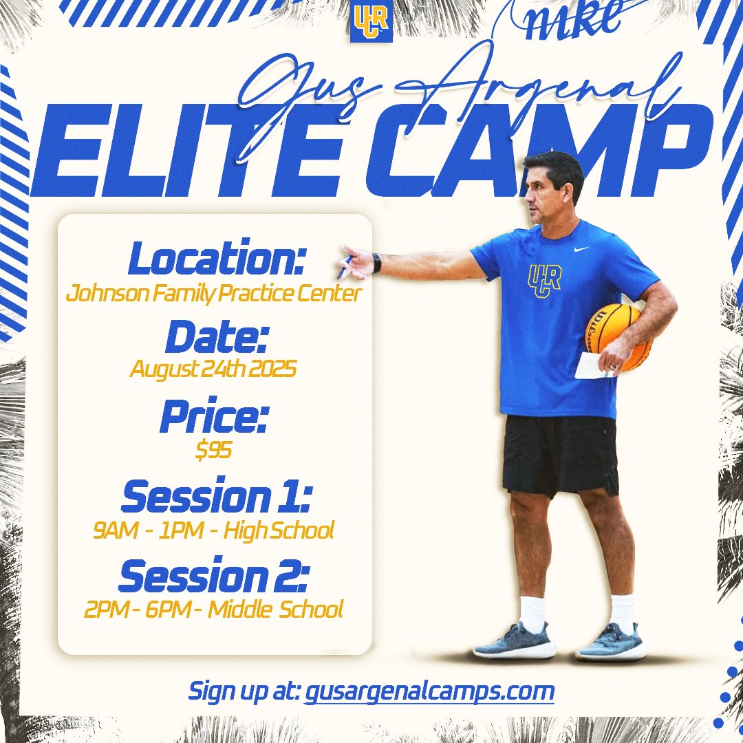 UCRMBB's tweet image. Inviting all High School and Middle School Athletes to the first annual Gus Argenal Elite Basketball Camp.
🗓️: August 24th
📍: Johnson Family Practice Center
⏰: 9am-1pm Grades 9-12th
2pm-6pm Grades 6-8th
Sign up here ⬇️⬇️⬇️
🔗: gusargenalcamps.com
#ChopWood