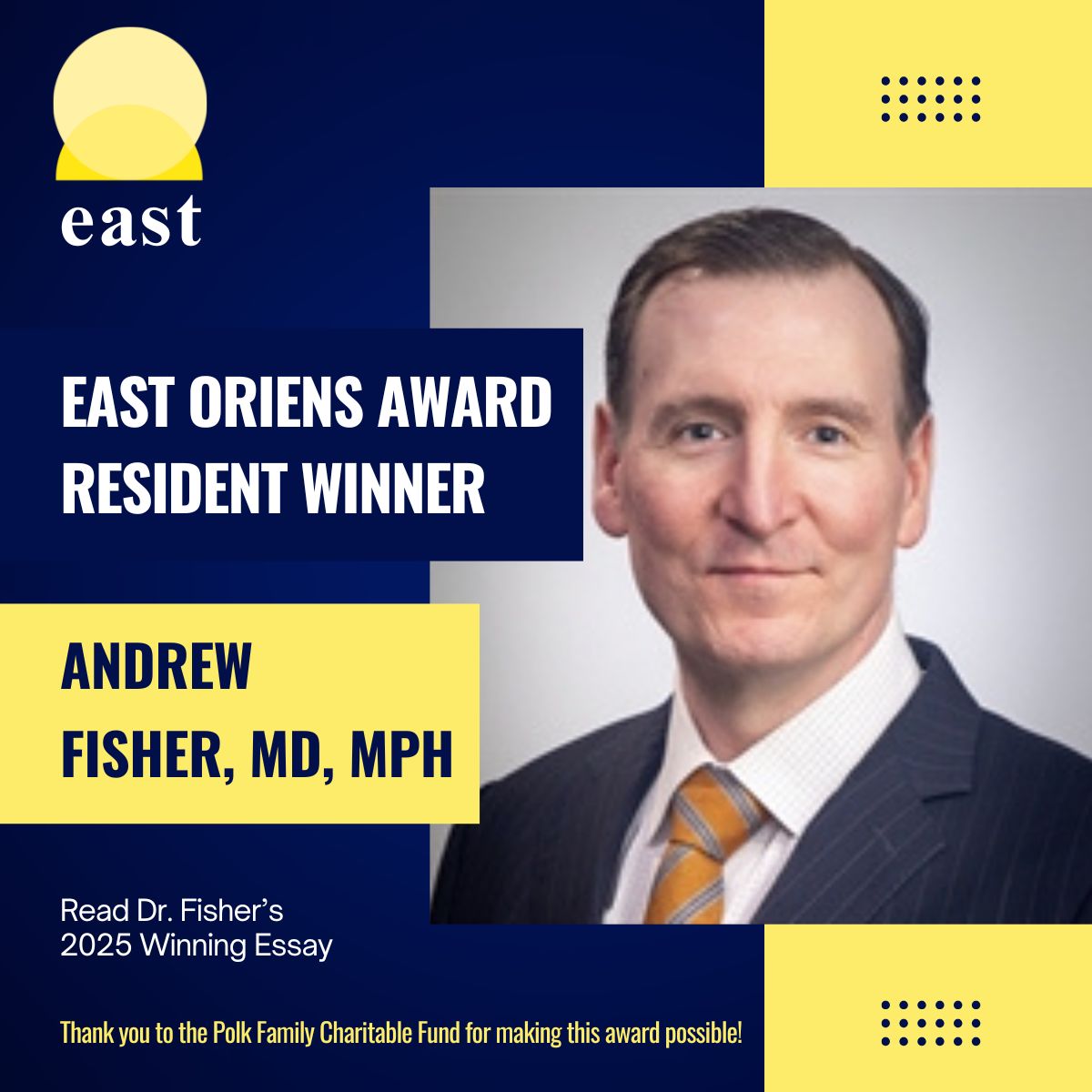 EAST_TRAUMA's tweet image. 🚨 Residents & Fellows: Apply now for the EAST Oriens Award – share why you want a career in trauma & acute care surgery.
🗓 Deadline: Sept 1
📝 Apply: bit.ly/4jNycLd
👏 Congrats to Dr. Andrew Fisher, 2025 Resident winner! Read his essay: bit.ly/3PTONQM…