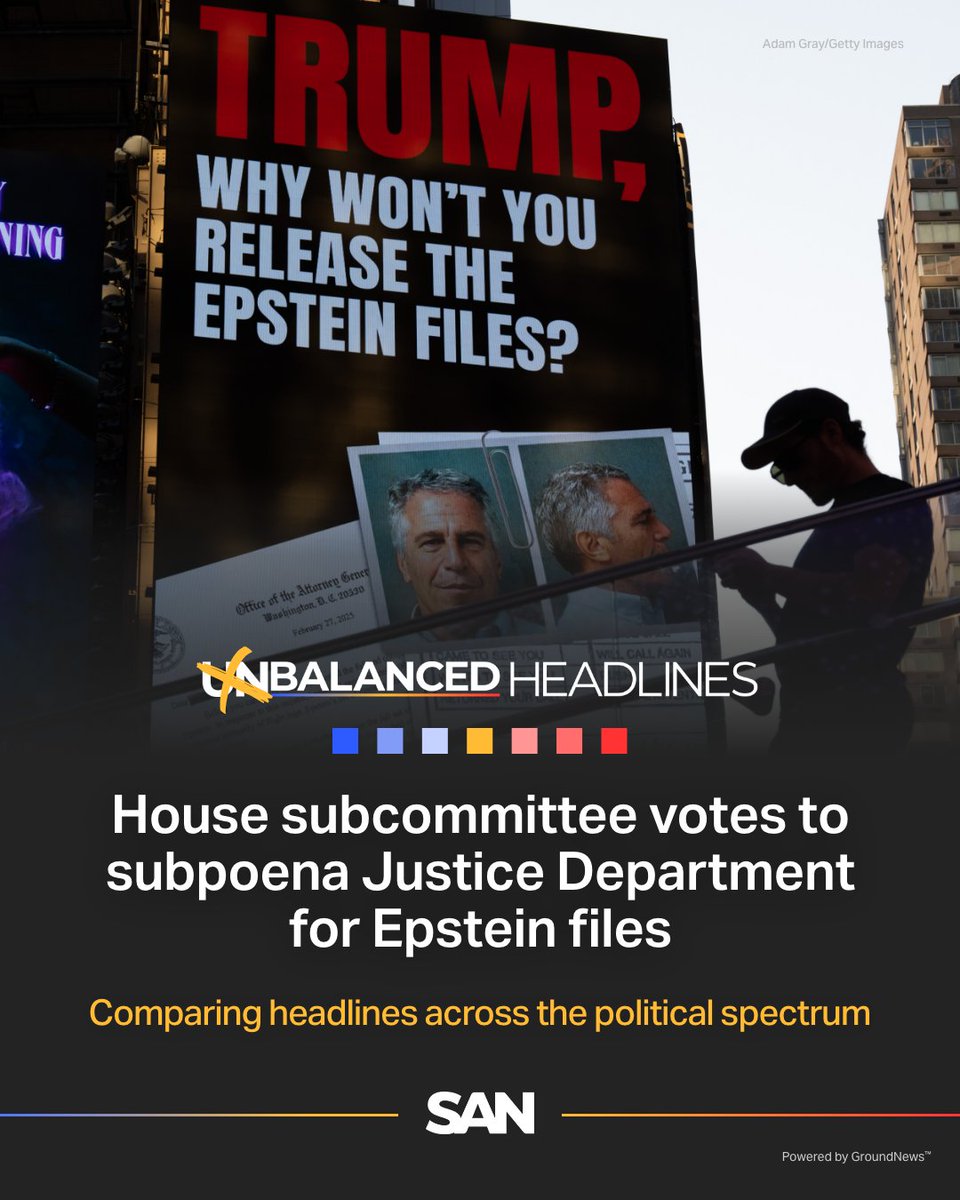 StraightArrow__'s tweet image. A House subcommittee voted 8 to 2 to subpoena the Department of Justice for documents related to the Jeffrey Epstein investigation, with support from both parties, including three Republicans.
Both sides are covering this story. Though left-leaning media is focusing more on…