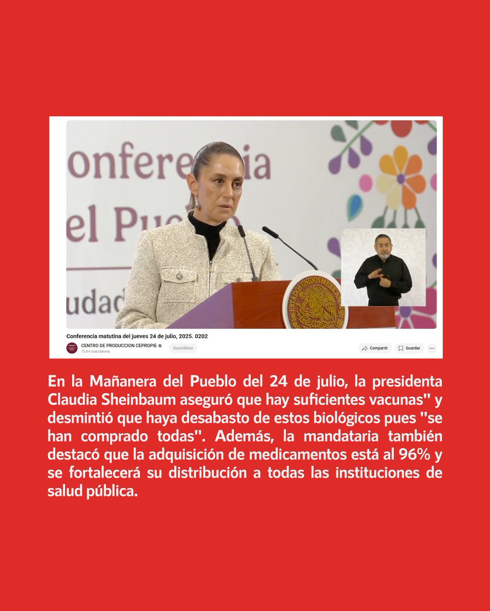 infodemiaMex's tweet image. ❌Falso que hay desabasto de vacunas en #México
✅En la #MananeraDelPueblo del 24 de julio, la presidenta @Claudiashein aseguró que "hay suficientes vacunas" y desmintió que haya desabasto de estos biológicos pues "se han comprado todas". Además, la mandataria también destacó…