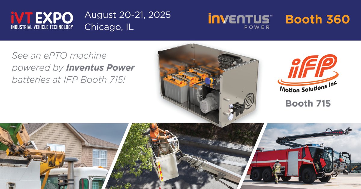 Inventus Power (@inventuspower) on Twitter photo #iVTUSA is almost here! Visit Inventus Power at Booth 360 (Aug 20-21) to see our latest battery solutions for industrial EVs. Donât miss <a href="/ifp_motion/">IFP Motion Solutions Inc.</a>âs ePTO demoâpowered by our 48V Li-ion batteriesâat Booth 715, showcasing efficient, emission-free power for #offhighway vehicles! #iVTUSA is almost here! Visit Inventus Power at Booth 360 (Aug 20-21) to see our latest battery solutions for industrial EVs. Donât miss <a href="/ifp_motion/">IFP Motion Solutions Inc.</a>âs ePTO demoâpowered by our 48V Li-ion batteriesâat Booth 715, showcasing efficient, emission-free power for #offhighway vehicles!