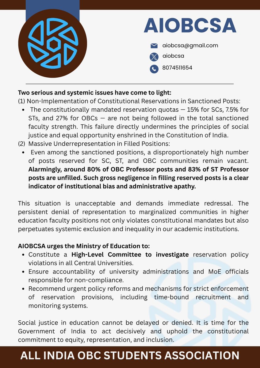 aiobcsa's tweet image. AIOBCSA demands @EduMinOfIndia for High Level Investigation into reservation violations in Central Universities. Ensure accountability of university administrations and MoE officials responsible for non-compliance. @PMOIndia