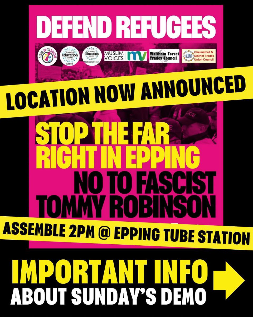 📍 LOCATION ANNOUNCED: assemble 2pm sharp Epping Undreground station on Sunday. 

Tommy Robinson and Neo-Nazis from the Homeland party have been organising protests against a refugee hotel in Epping.

Join our protest against them and to stand in unity. 

#standuptoracism #epping