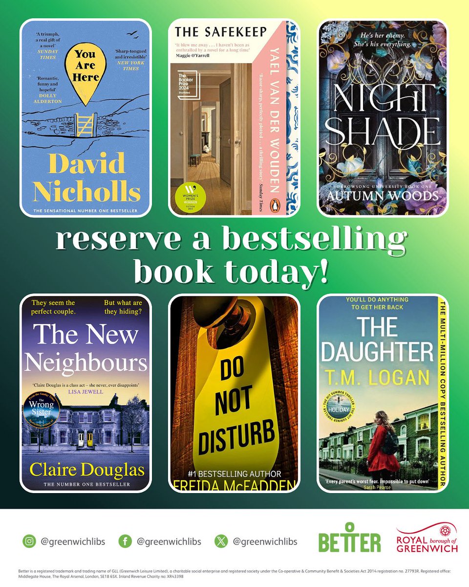 Reserve a bestseller with #Greenwich #Libraries via via the online catalogue today! Click here: better.org.uk/library/catalo… all you need is a library card + PIN and you can collect at a library of your choice in the borough 📚 #LoveYourLibrary #NewBooks #LoveReading