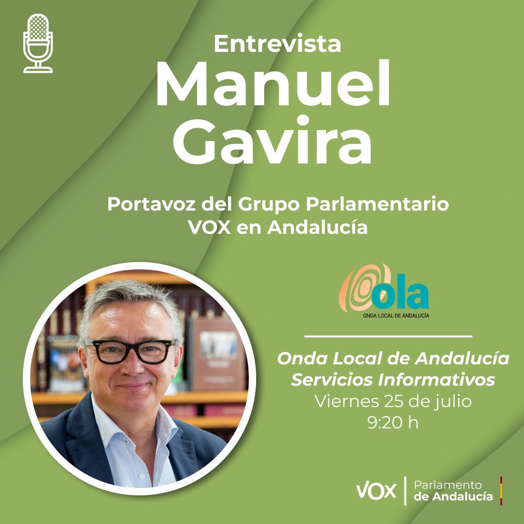 AndaluciaVox's tweet image. 🎙️ Nuestro portavoz @GaviraVox será entrevistado este viernes 25 de julio, a partir de las 9:20h, en @ondalocalemartv.
➡️ Síguelo en directo aquí: ondalocaldeandalucia.es
¡No te lo pierdas!
