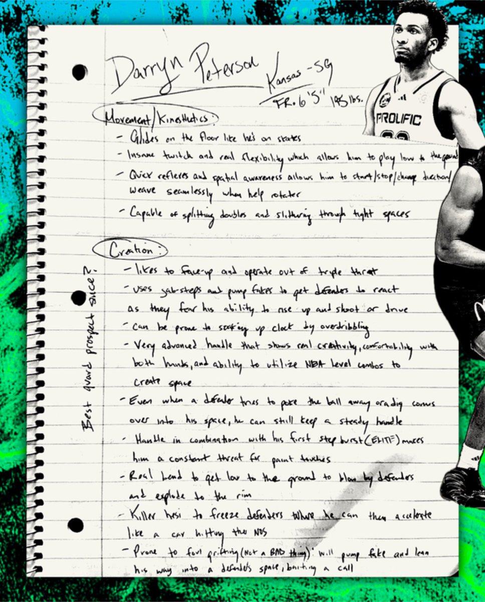 CoreyTulaba's tweet image. Raw scouting notes on Darryn Peterson—potential #1 overall pick in the 2026 NBA Draft 📝
DP blends an elite skillset as an offensive engine, real athletic tools/unique movement ability, and legit two-way play.
One of the best SG prospects we’ve seen in quite some time