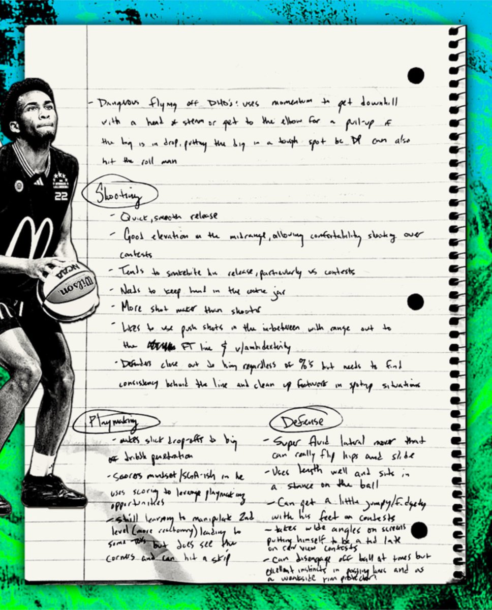 CoreyTulaba's tweet image. Raw scouting notes on Darryn Peterson—potential #1 overall pick in the 2026 NBA Draft 📝
DP blends an elite skillset as an offensive engine, real athletic tools/unique movement ability, and legit two-way play.
One of the best SG prospects we’ve seen in quite some time