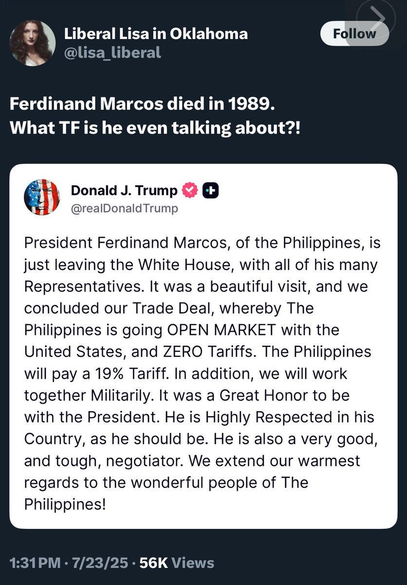 The1PDP's tweet image. The typical liberal.
For the record. The former president of the Philippines has passed however, if this person would have done 15 seconds of research to Grok or any other information outlet, they would know that this is his son that met with Trump.