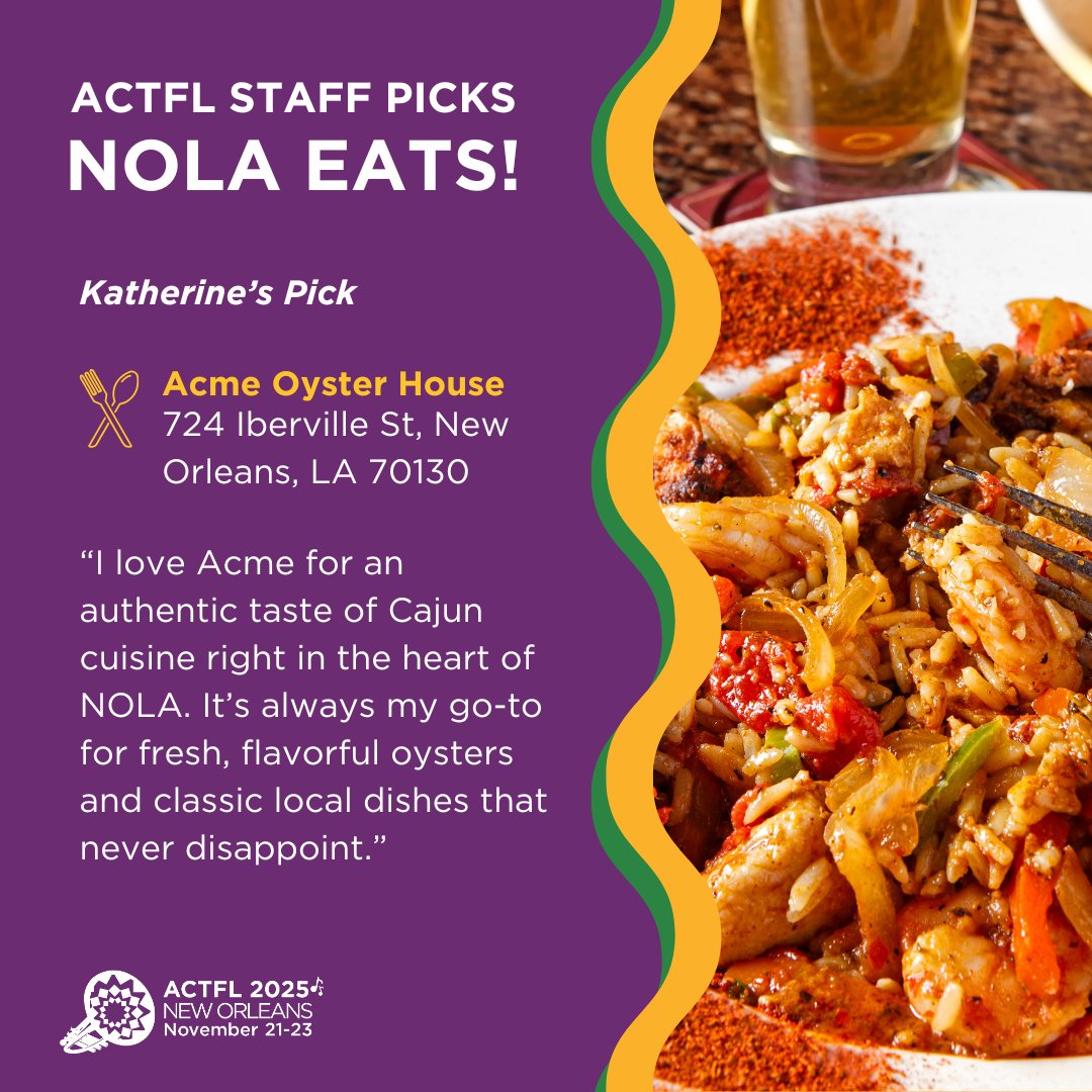 actfl's tweet image. ACTFL Staff Pick Alert!
Katherine from our team recommends Acme Oyster House for bold Cajun flavors & the freshest oysters in town.
Planning your trip to #ACTFL2025 in New Orleans? Check out more local eats to make the most of your stay 👉 neworleans.com/actfl-2025/