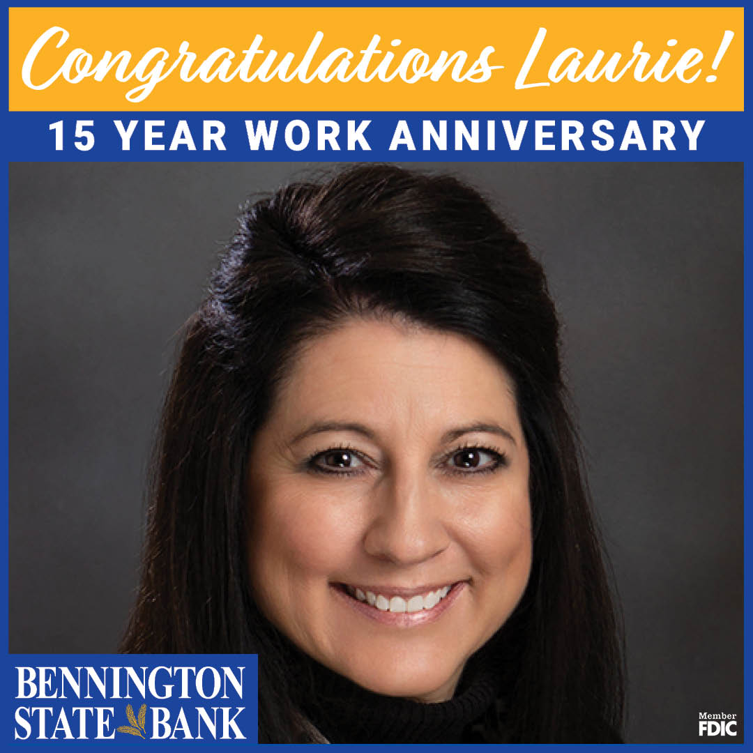 Congratulations Laurie on your 15 year work anniversary at Bennington State Bank! 🎉 We are so grateful to have you as a valued member of our team. Your hard work and dedication are truly appreciated!