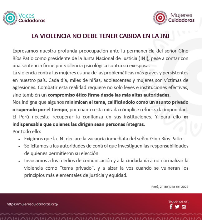 🚨 La violencia no puede tener cabida en la <a href="/JNJPeru/">Junta Nacional de Justicia</a>.
Desde #MujeresCuidadoras exigimos la vacancia inmediata de Gino Ríos por tener sentencia firme por violencia psicológica.
Autoridades con antecedentes de violencia perpetúan  la impunidad.
#VocesCuidadoras