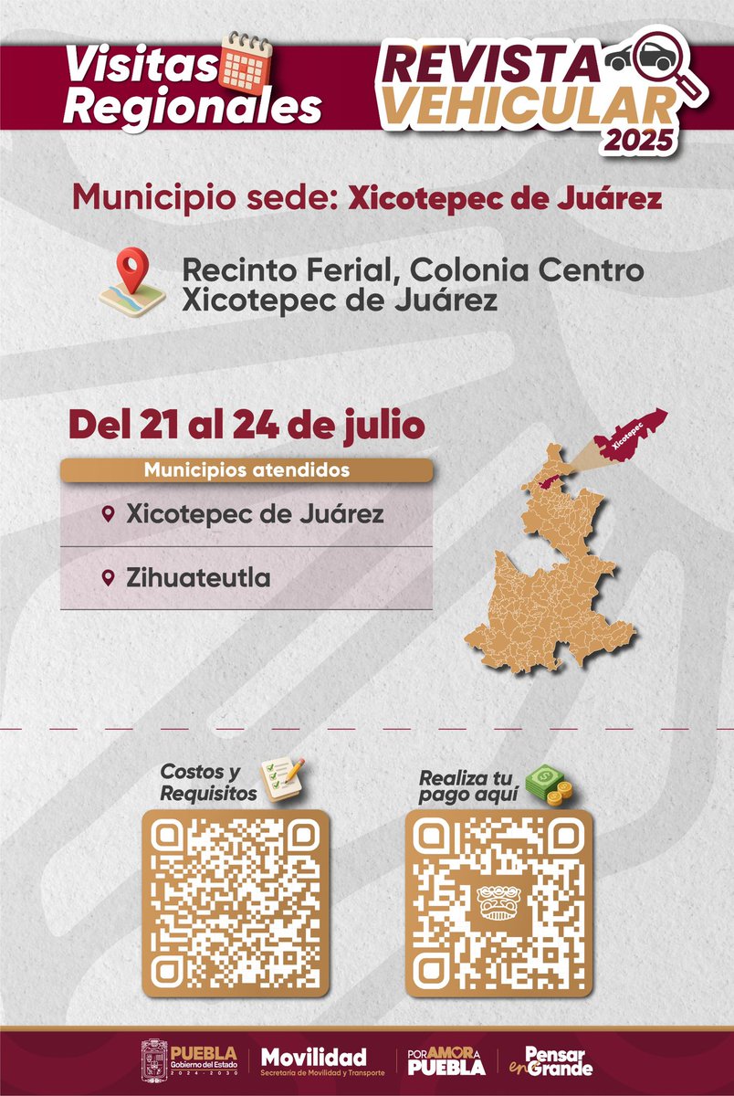 Secretaría de Movilidad y Transporte (@mtgobpue) on Twitter photo 🚨 ¡Hoy es el último día para la #RevistaVehicular2025 en Xicotepec de Juárez!
❗Realiza tu pago
📍 Acude al módulo regional
📄 Lleva tus documentos
✅ El <a href="/Gob_Puebla/">Gobierno de Puebla</a>, encabezado por el gobernador <a href="/armentapuebla_/">Alejandro Armenta</a>, trabaja por una movilidad segura.
#PorAmorAPuebla 🚨 ¡Hoy es el último día para la #RevistaVehicular2025 en Xicotepec de Juárez!
❗Realiza tu pago
📍 Acude al módulo regional
📄 Lleva tus documentos
✅ El <a href="/Gob_Puebla/">Gobierno de Puebla</a>, encabezado por el gobernador <a href="/armentapuebla_/">Alejandro Armenta</a>, trabaja por una movilidad segura.
#PorAmorAPuebla