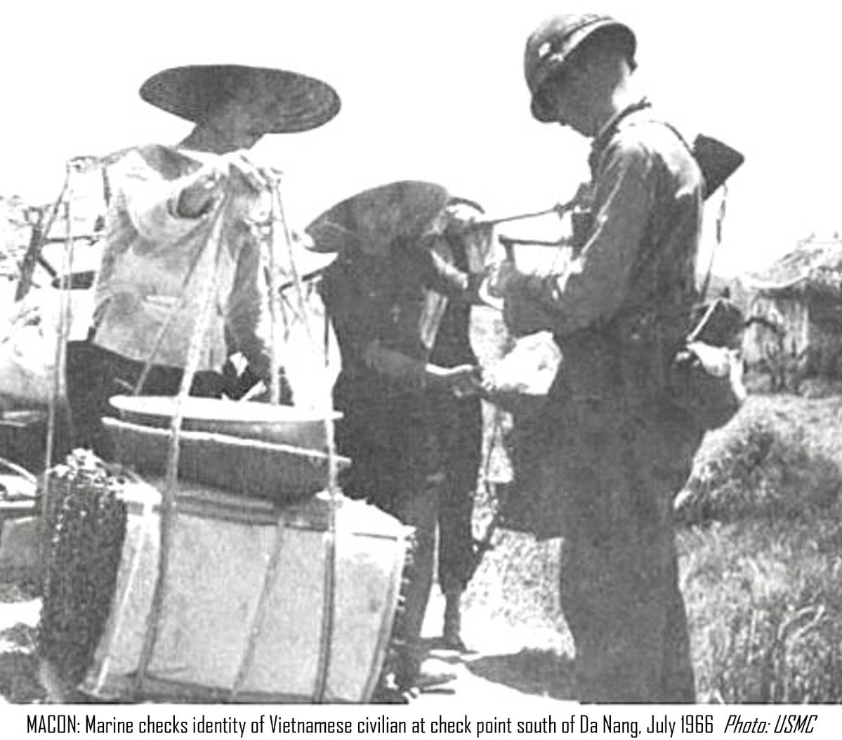 WarsIndo's tweet image. MACON: Marine checks identity of Vietnamese civilian at check point south of Da Nang, July 1966