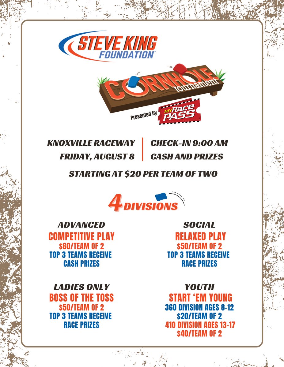 SteveKingFoundation (@stevekingfdn) on Twitter photo We’re taking over <a href="/knoxvilleraces/">Knoxville Raceway</a> on 8/8 for the Steve King Foundation Cornhole Tournament during Knoxville Nationals — and we need YOU to help us hit 88 teams in honor of Steve’s car number!
4 Divisions: Advanced, Social, Ladies Only, Youth
Register now: stevekingfoundation.org/events/ We’re taking over <a href="/knoxvilleraces/">Knoxville Raceway</a> on 8/8 for the Steve King Foundation Cornhole Tournament during Knoxville Nationals — and we need YOU to help us hit 88 teams in honor of Steve’s car number!
4 Divisions: Advanced, Social, Ladies Only, Youth
Register now: stevekingfoundation.org/events/