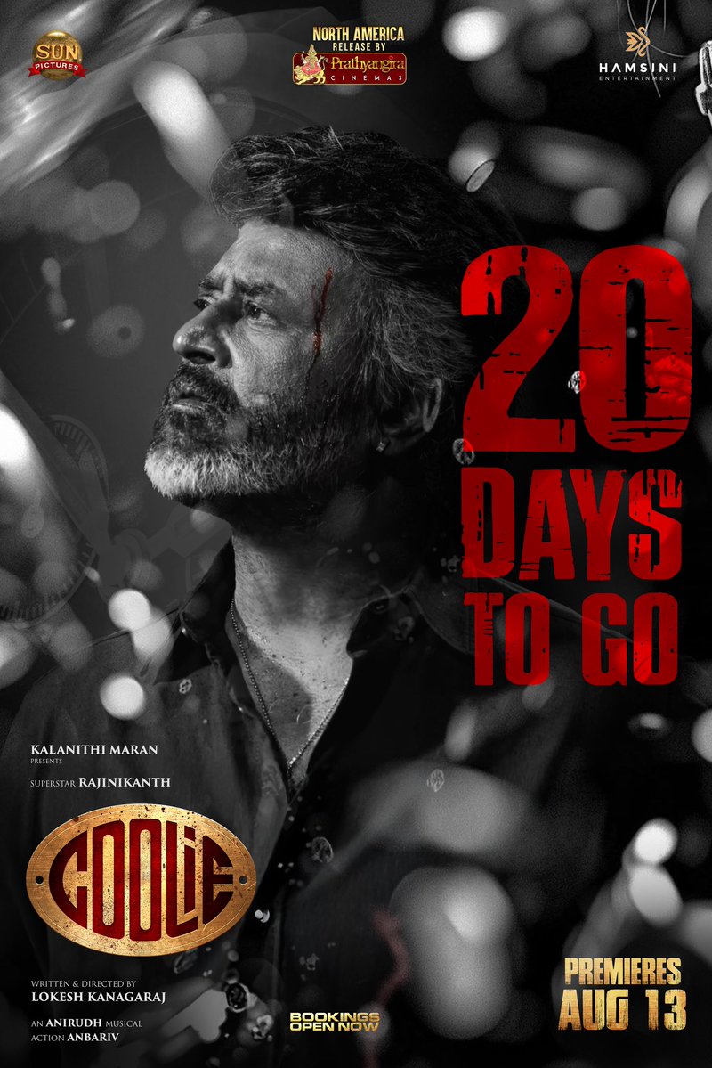 PrathyangiraUS's tweet image. The blood isn’t wiped. 🔥
The fire hasn’t faded. 🤩
Just 20 days till he walks back into war.💥
#Coolie Grand USA premieres on Aug 13th 🔥🔥🔥