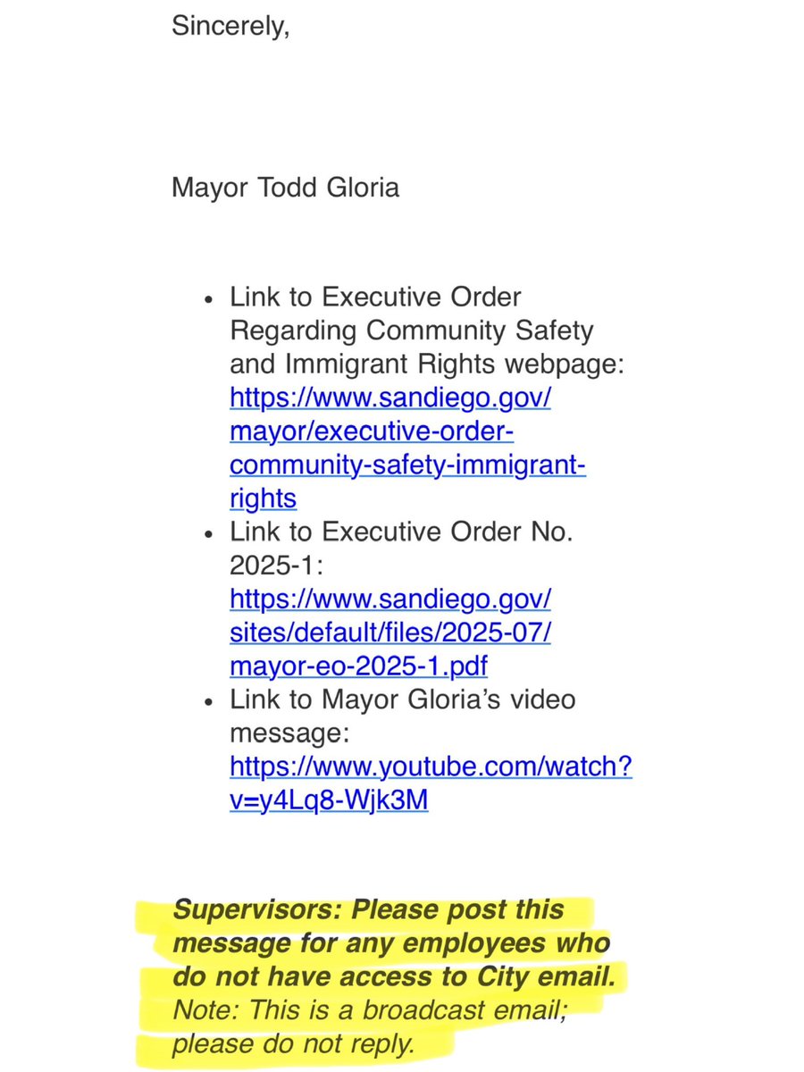 Amy Reichert (@amyforsandiego) on Twitter photo San Diego’s Democrat mayor <a href="/ToddGloria/">Todd Gloria</a> just signed an executive order banning city police from helping <a href="/ICEgov/">U.S. Immigration and Customs Enforcement</a>
An email was sent to all city employees that departments must now train staff, create multilingual "Know Your Rights" materials, & launch a regional effort to not San Diego’s Democrat mayor <a href="/ToddGloria/">Todd Gloria</a> just signed an executive order banning city police from helping <a href="/ICEgov/">U.S. Immigration and Customs Enforcement</a>
An email was sent to all city employees that departments must now train staff, create multilingual "Know Your Rights" materials, & launch a regional effort to not