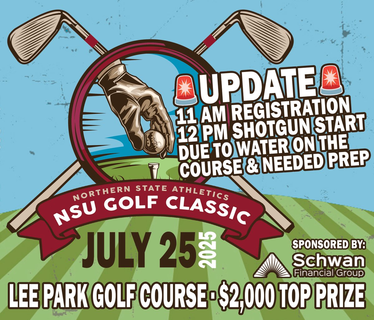 WolvesAthletics's tweet image. 🚨 SCHEDULE UPDATE 🚨
Tomorrow's NSU Golf Classic has been pushed back to a 12 PM start as the Lee Park crew works to prep the course from the recent rainfall!
The grills will be rolling during registration beginning at 11 AM!
#GoWolves🐺 | #maroonNgold🐾
