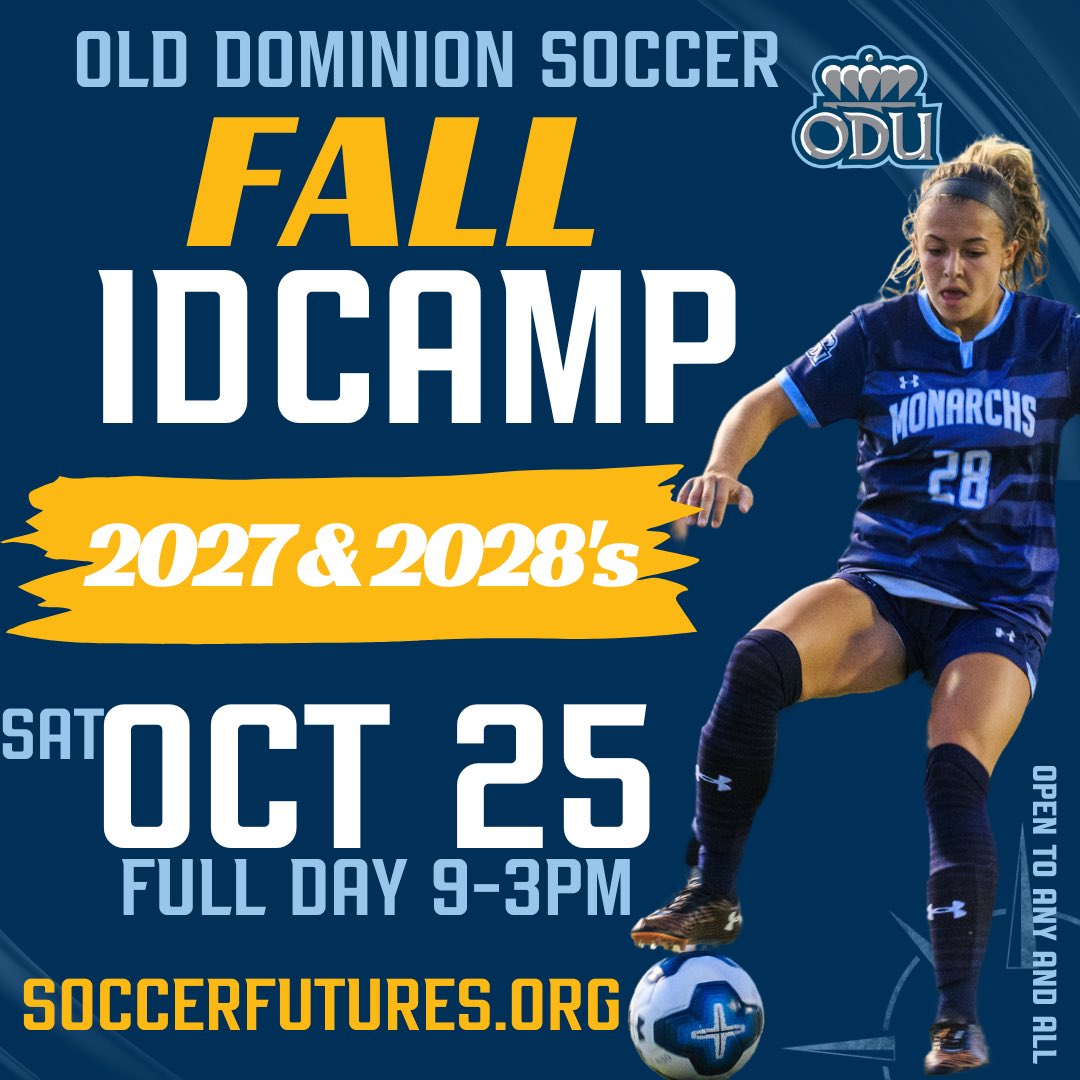 We are so excited to announce the date of our Fall ID Camp! We host Arkansas State the night before (10/24) and it’s homecoming weekend at ODU! 

We can’t wait to the chance to work with you! It’s a great weekend to experience what it’s like to be a part of the ODU Soccer Family!