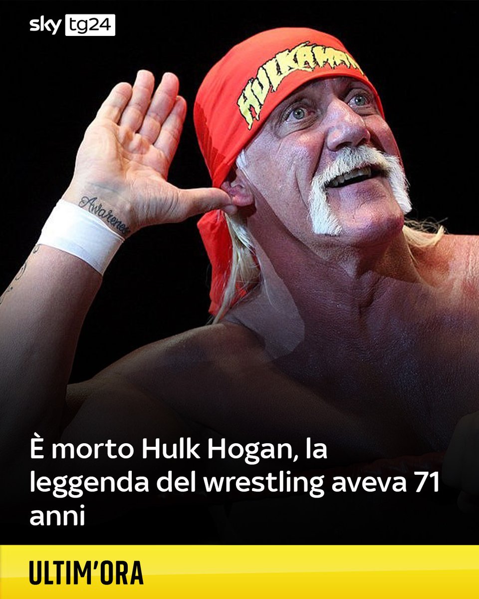 SkyTG24's tweet photo. Hulk #Hogan è morto all'età di 71 anni nella sua casa di Clearwater, in #Florida ➡️ https://t.co/wBFu2DPd05 https://t.co/1zp6jrMP3K