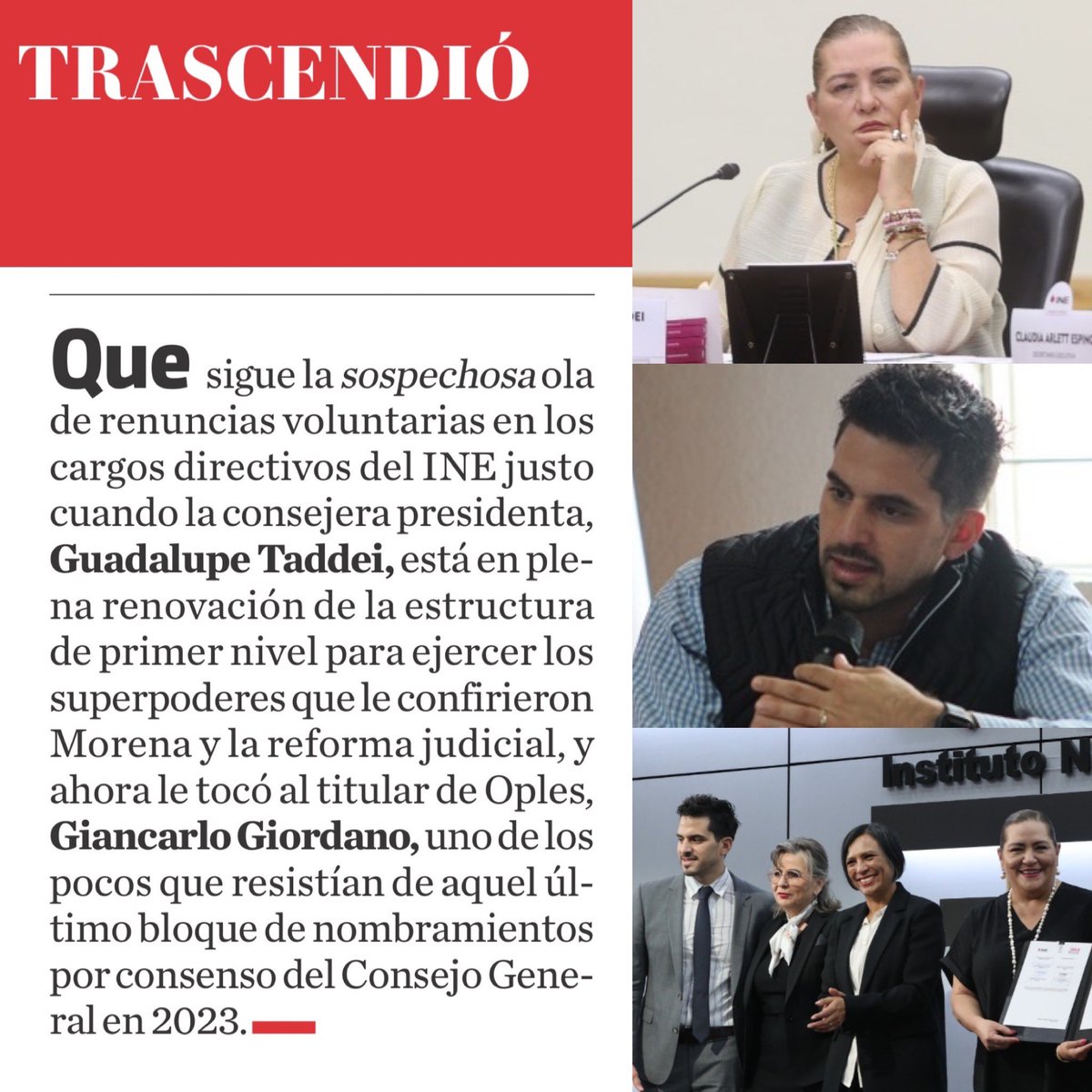 Jannet_LP's tweet image. 🖋️#Trascendió
Que sigue la sospechosa ola de renuncias "voluntarias" en las direcciones del INE.
Ahora le tocó al titular de OPLEs, que fue propuesta de la propia Taddei en 2023.
¿No son los resultados que esperaba de sus propias propuestas o se vienen perfiles más cercanos?