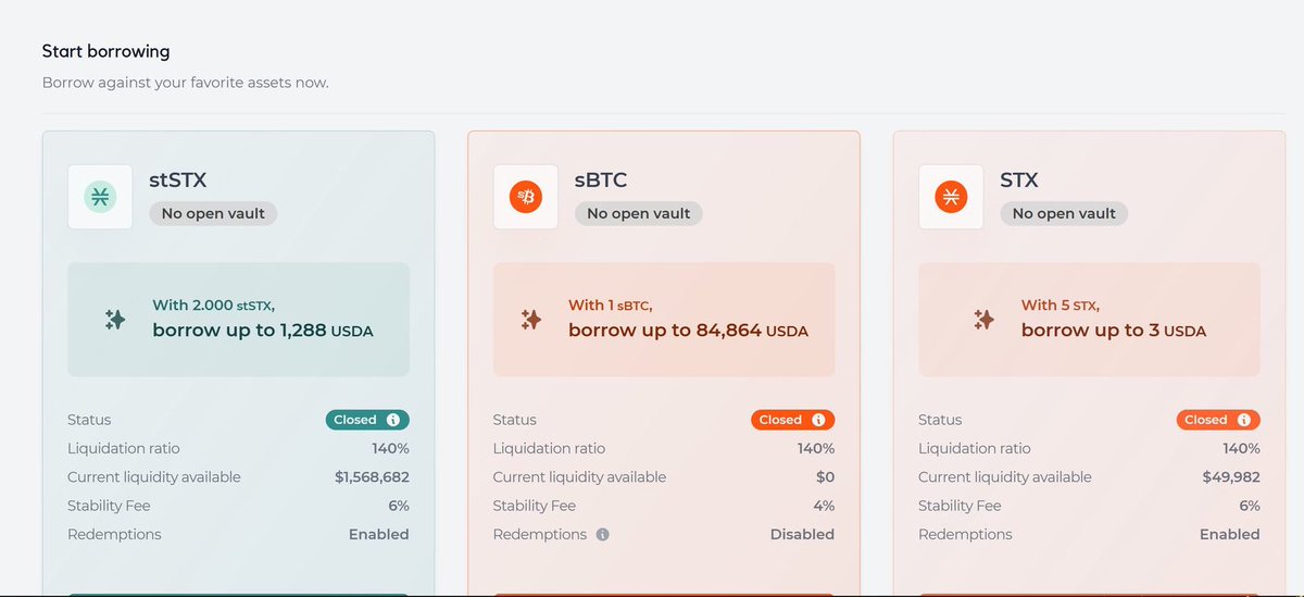 Tim (@_nottim) on Twitter photo Then thereβs USDA, a protocol-native stable from <a href="/ArkadikoFinance/">Arkadiko Protocol π§πΏ</a>.
Users deposit assets like $STX or <a href="/StackingDao/">Stacking DAO</a>βs stSTX into vaults and mint USDA against them.
USDA is used in LPs and strategies across Stacks.
On Zest, it also powers DeFi rails like the other stables. Then thereβs USDA, a protocol-native stable from <a href="/ArkadikoFinance/">Arkadiko Protocol π§πΏ</a>.
Users deposit assets like $STX or <a href="/StackingDao/">Stacking DAO</a>βs stSTX into vaults and mint USDA against them.
USDA is used in LPs and strategies across Stacks.
On Zest, it also powers DeFi rails like the other stables.