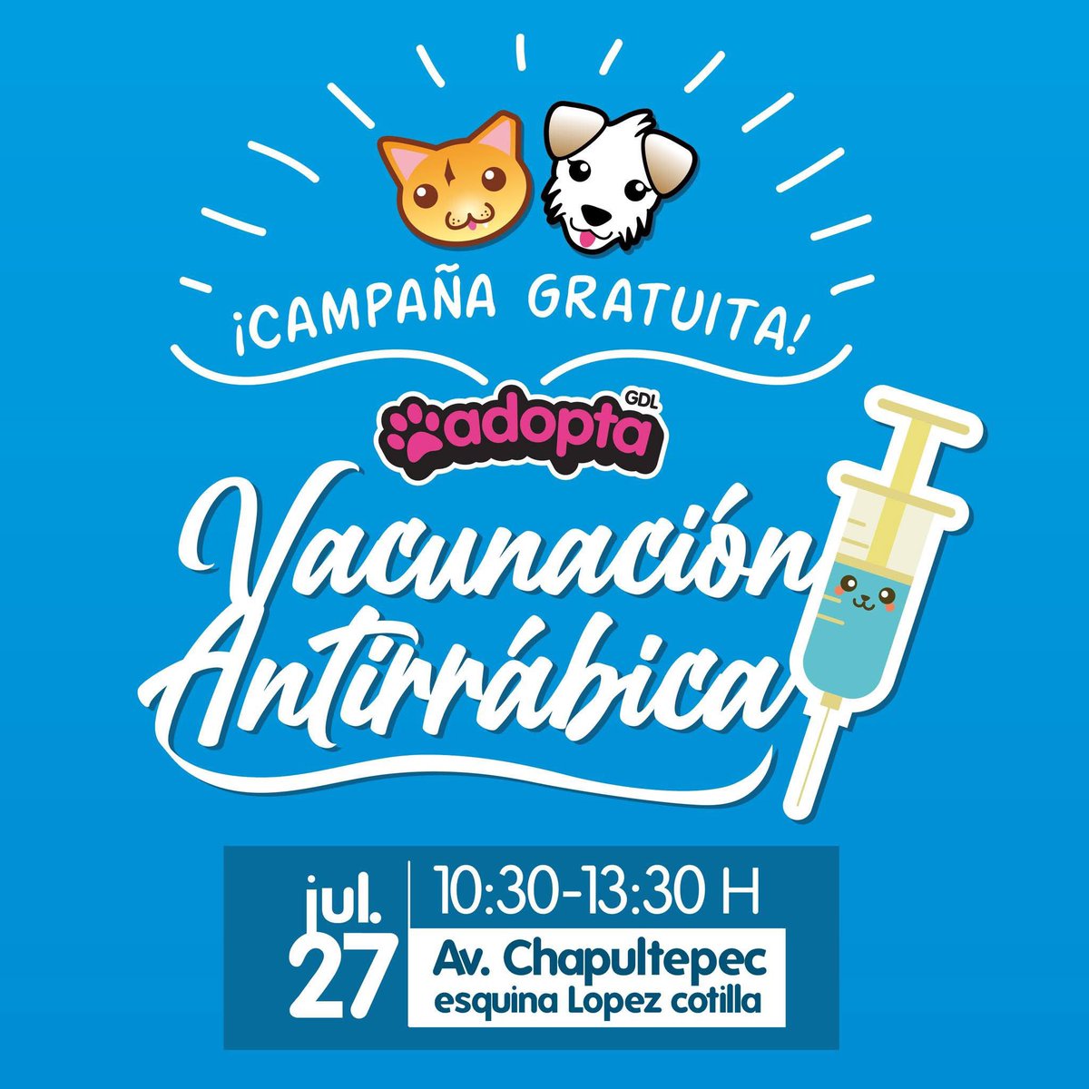 adoptagdl's tweet image. ¡Campaña antirrábica gratuita!
Lleva a tu perro o gato el próximo domingo a nuestro evento para que se la apliquen.
El domingo 27 de julio, estaremos en el parque Mariano Azuela, entre La Minerva y Los Arcos, desde las 10:30 a.m. hasta las 13:30 p.m.