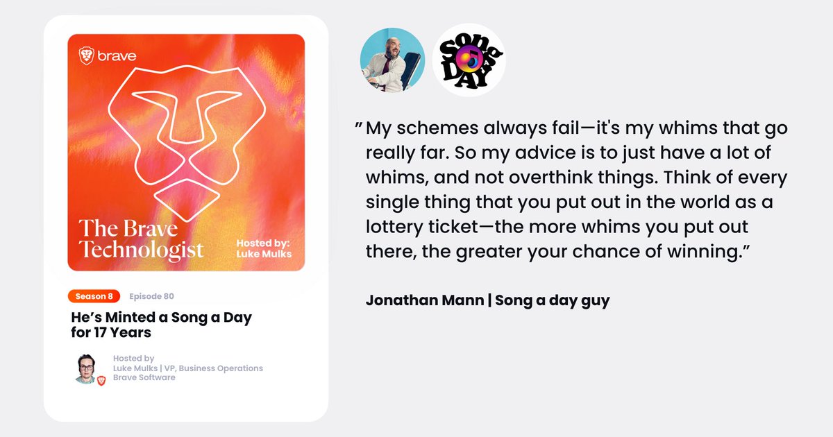 brave's tweet image. This week's #TheBraveTechnologist episode features songwriter and Internet icon Jonathan Mann, aka "The Song a Day Guy." He's been writing and sharing an original song every day since 2009. 🎵
We discuss his artistic journey, his experiences with NFTs, and the future of digital…