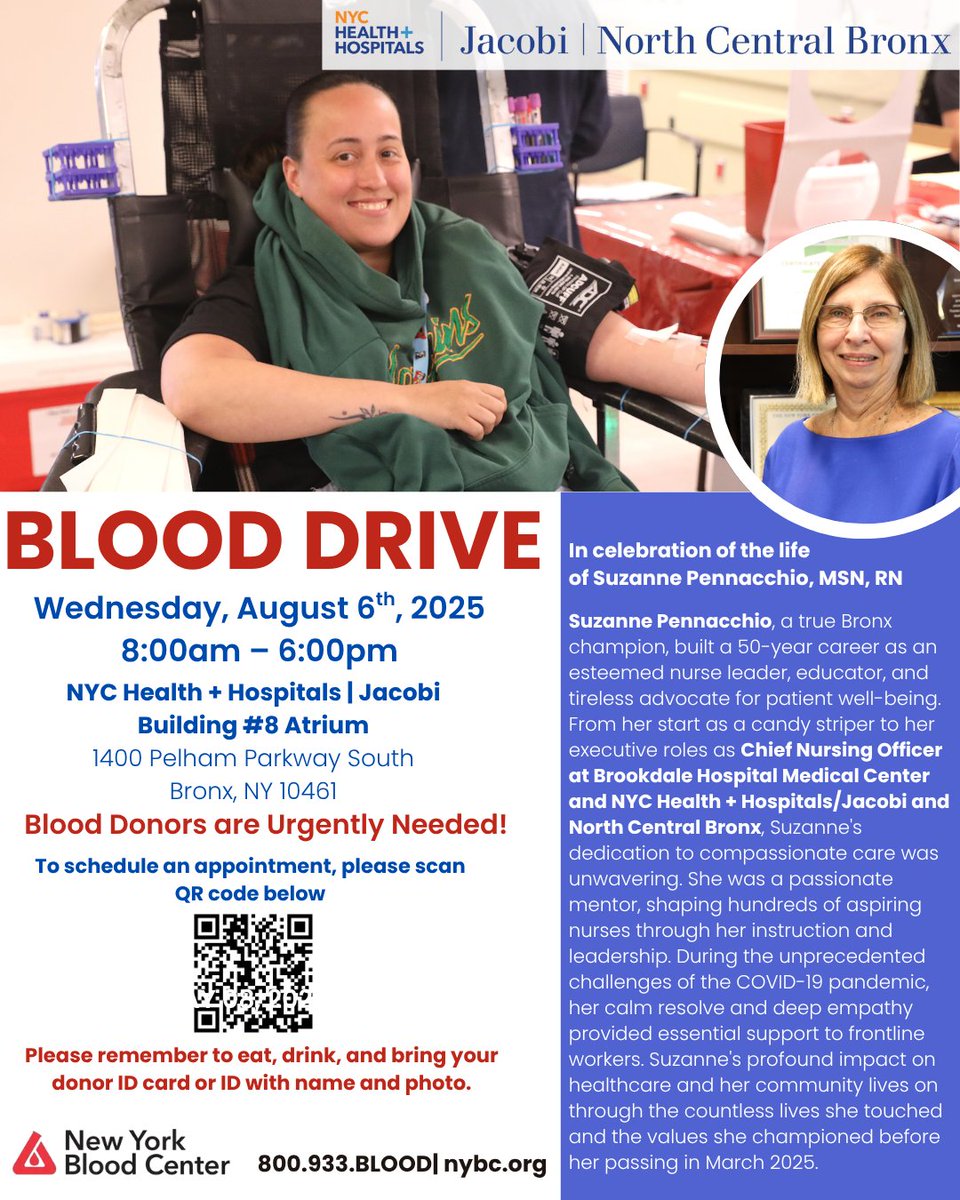 JacobiHosp's tweet image. 🩸 Join us in honoring former CNO Suzanne Pennacchio at a memorial #BloodDrive on 8/6 at Jacobi Campus (8AM–6PM, Bldg 8 Atrium).
Her legacy lives on in every life we save. 💖 #JacobiCares #GiveBlood