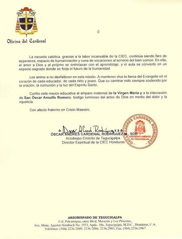 Mensaje del Cardenal Oscar Rodríguez Maradiaga, SDB a la CIEC como director espiritual desde el año 2017. 📨✍️🤗🙌🏻🤝

#somosescuelacatolica 
#Educación
#Aprendizaje
#Escuela
#Motivación
#Estudiantes

ciec.edu.co