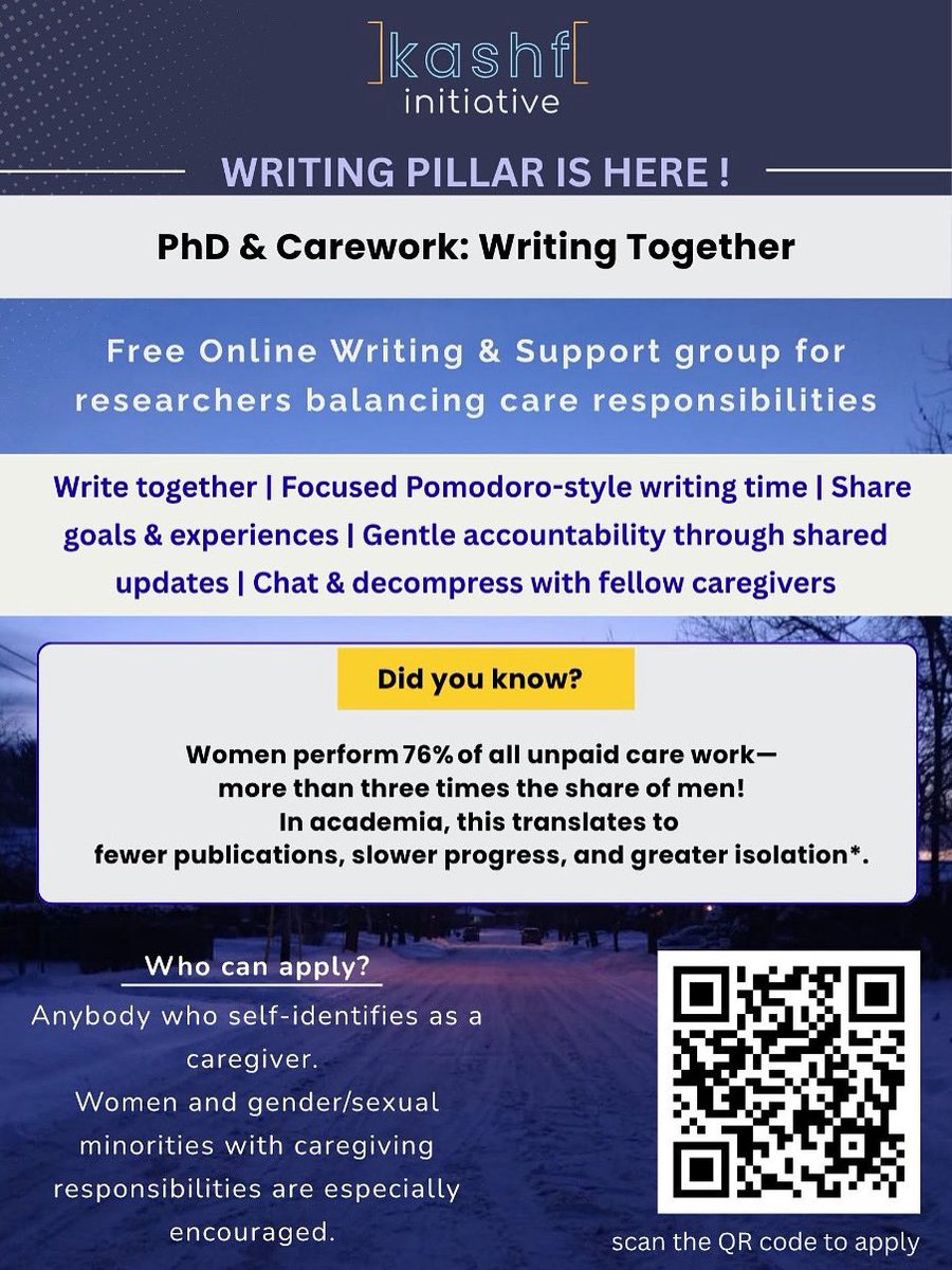 Kashf Initiativeis launching a supportive writing group for researchers balancing caregiving and academic work. 
🔗 Register here:  forms.gle/Ex2HexLecPNjMo…
📌 Rolling applications 

📲 Please share in your networks
#Carework #PhDlife #WritingTogether