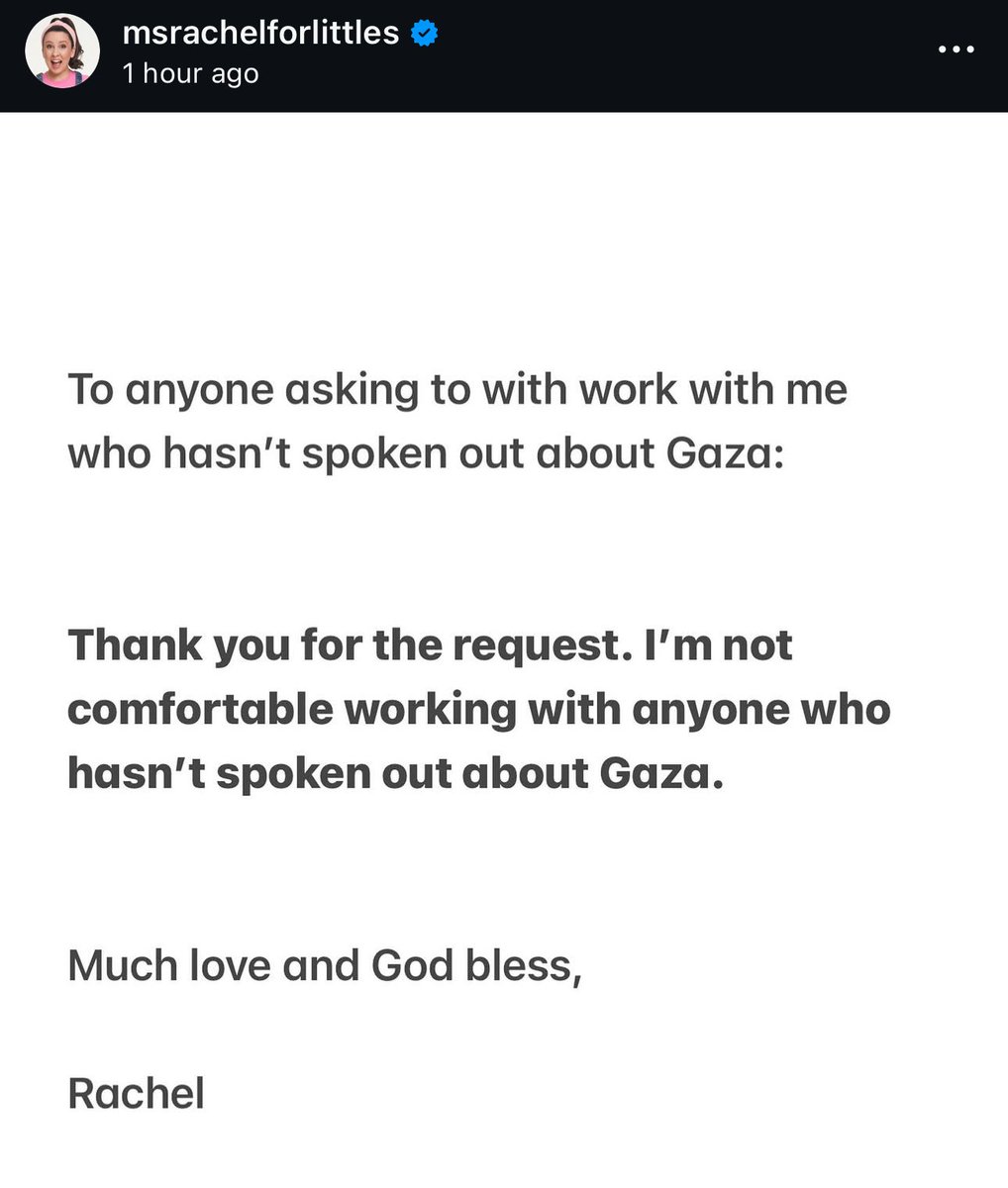 Ms Rachel says she won’t work with people who haven’t spoken out about Gaza.

There are supposed to be consequences for genocide denial and support. Now imagine if more people with power and platforms did this.