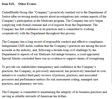joelgombiner's tweet image. "The Company has now begun complying with formal criminal and civil requests from the Department"
UnitedHealth Group is a crime scene