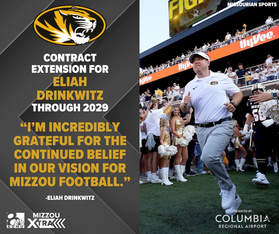 BenArnetKOMU's tweet image. #Mizzou puts its faith in @CoachDrinkwitz to continue @MizzouFootball's success through 2029 w/ a contract extension.
📰👉komu.com/sports/mizzou-…
By coincidence, Drink taped a wide-ranging interview at @KOMUnews yesterday. Watch it on the #Mizzou Xtra season premiere Aug 9th