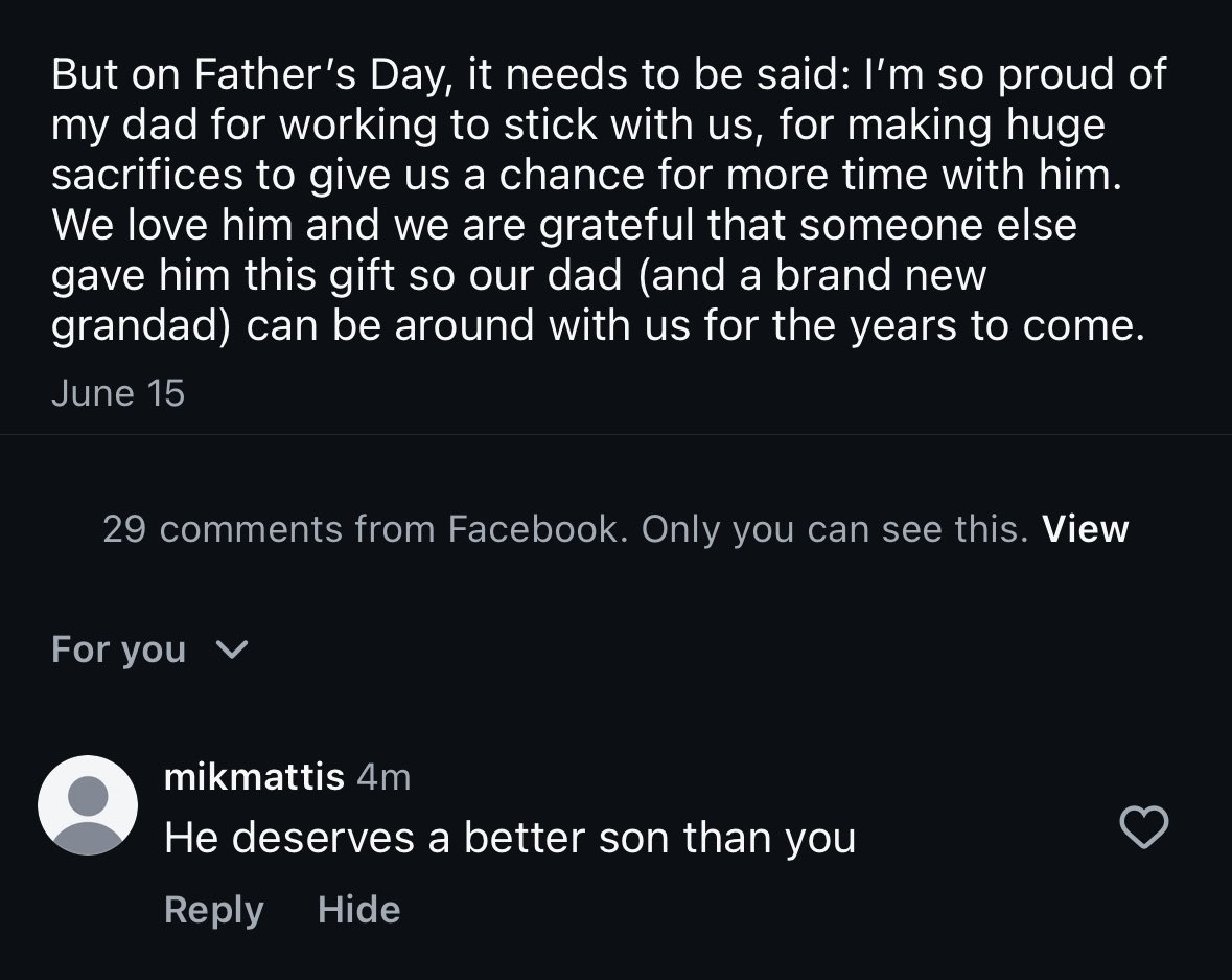 It’s been great hearing from the Warriors for Decency who have reacted to my column by posting a comment like this on my IG when I wrote about my gratitude for my father receiving a heart transplant: