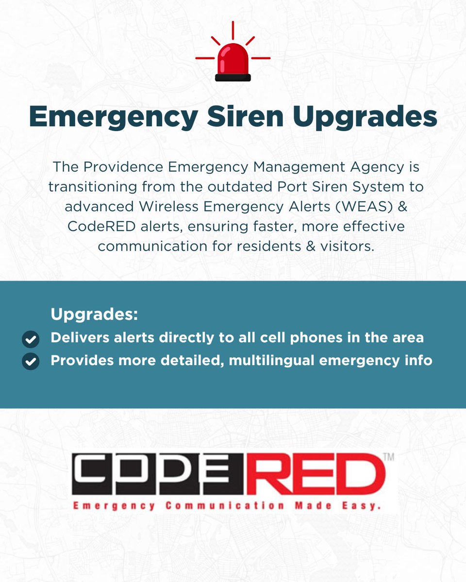 ProvidenceEMA's tweet image. We are retiring the outdated Port Siren System in favor of WEAS & CodeRED alerts. This modern upgrade:
✅ Delivers real-time emergency notifications directly to cell phones
✅ Provides detailed, multilingual emergency info
🚨 Sign up for CodeRED here: bit.ly/3Uu5vbS