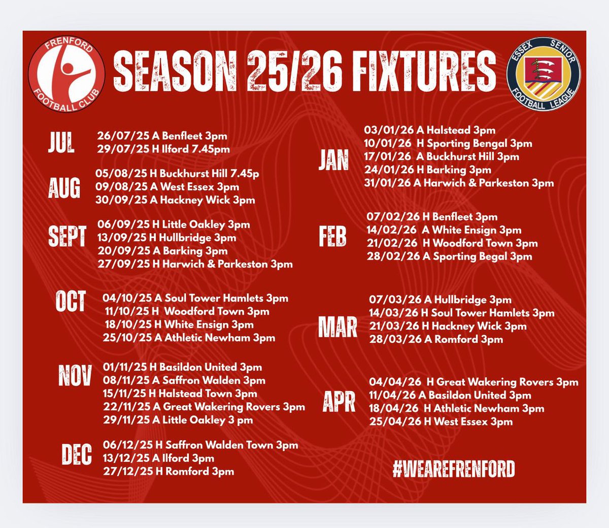 Frenfordfc's tweet image. 馃敶鈿笍馃敶鈿笍馃敶鈿笍
Frenford鈥檚 Essex senior league fixtures . Fa cup & Fa Vase dates not included