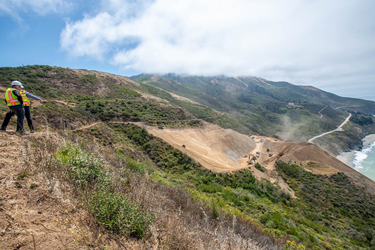 CaltransD5's tweet image. Crews at work 7 days a week and extended hours at Regent’s Slide. Full-scale excavation resumed mid-July utilizing both conventional and remote-controlled equipment. Crews continue to install shear dowels in the cut slope to provide immediate and long-term slope reinforcement.